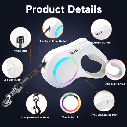 Dog Leash with LED Light for Night Walks, 16FT Rechargeable Dog Walking Leash with , 360° Tangle-Free, One-Button Control, Ergonomic Handle for Small Medium Dogs up to 55Lbs(White)